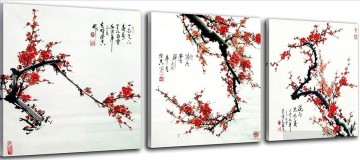 グループパネル Painting - セットパネルの梅の花と書道